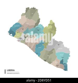 Liberia higt Mappa dettagliata con suddivisioni. Mappa amministrativa della Liberia con il nome di distretti e città, colorata per stati e quartiere amministrativo Illustrazione Vettoriale