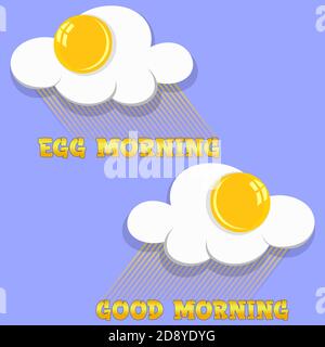 logo creativo per la colazione con uova strapazzate e raggi di luce sfondo blu buongiorno o uovo mattina Illustrazione Vettoriale