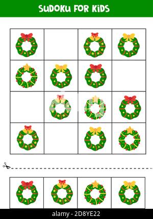 Sudoku gioco con diverse corone di Natale. Foglio di lavoro per bambini. Illustrazione Vettoriale