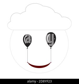 Icona emoticon, icona palloncino delle feste. Icona smiley, due palloncini con un nastro sotto forma di un sorriso sullo sfondo del sole e delle nuvole. Illustrazione Vettoriale