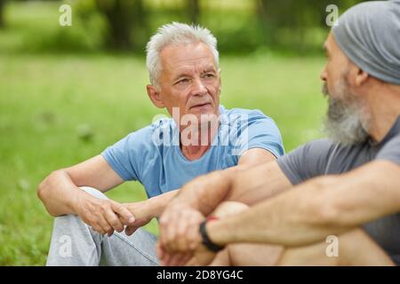 Ritratto medio di due uomini anziani moderni che indossano abiti casual seduta sull'erba nel parco a discutere qualcosa Foto Stock