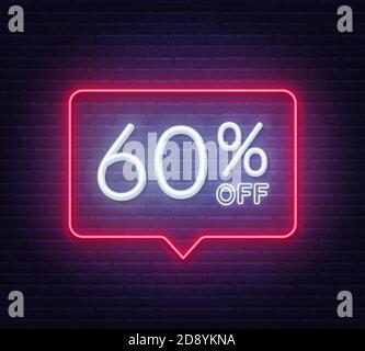 60 percento di sconto sul segno del neon su sfondo della parete di mattone Illustrazione Vettoriale