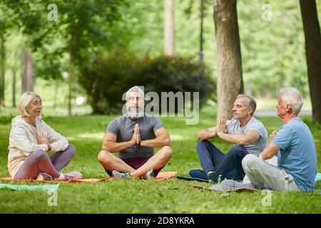 Gruppo di persone anziane attive che trascorrono la mattina soleggiata insieme parco meditando con le mani a namaste Foto Stock