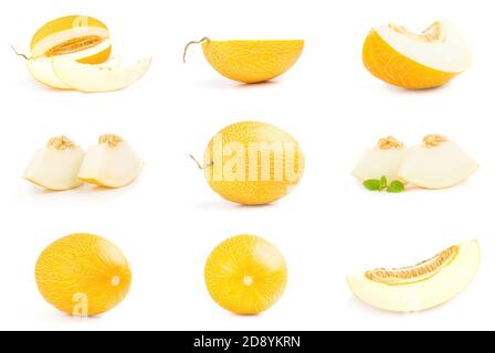 Collage di melone di Honeydew isolato su uno sfondo bianco Foto Stock