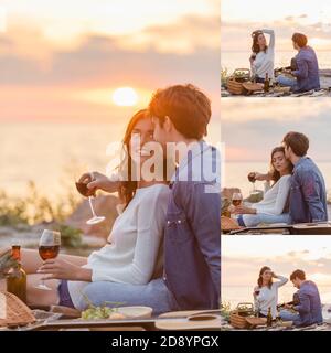 Collage di giovani coppie che suonano chitarra acustica e tengono vino bicchieri durante il picnic sulla spiaggia di sera Foto Stock