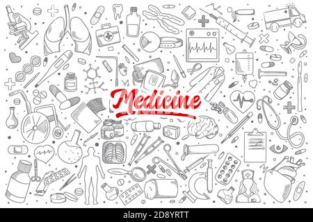 Set di doodles di medicina disegnati a mano con scritta rossa in vettore Foto Stock
