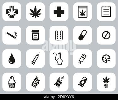 Medical Marijuana icone Nero e Bianco Flat Design Set Grande Illustrazione Vettoriale