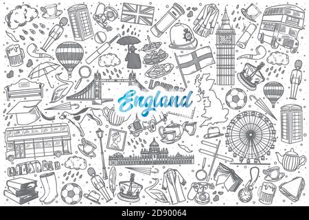 Hand Drawed England doodle sfondo set con scritta blu in vettore Foto Stock