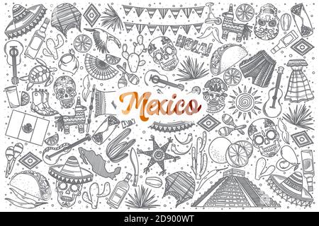 Tirato a mano Messico doodle sfondo set con scritta arancione in vettore Foto Stock