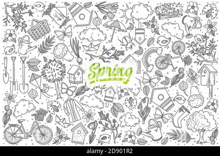 Set di sfondo con scritta verde con doodle Spring disegnate a mano vettore Foto Stock