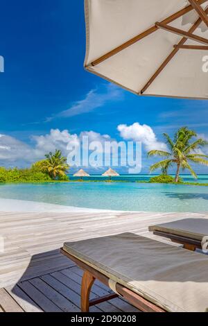 Paesaggio turistico estivo. Lussuoso resort sulla spiaggia con piscina e sedie a sdraio o lettini sotto ombrelloni piscina infinity palme, cielo blu Foto Stock