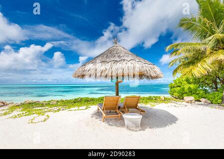 Sedie e ombrellone su una spiaggia con ombra da palme. Letti e ombrellone su una spiaggia tropicale, vacanza estiva di lusso, vacanza in coppia, vista idilliaca Foto Stock