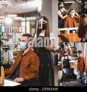 collage di parrucchiere in faccia schermo in piedi vicino cliente, toccando i suoi capelli, e urtare gomiti con l'uomo Foto Stock