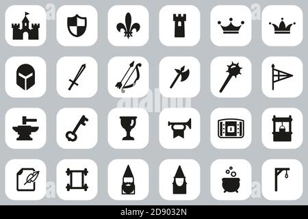 Icone del castello medievale Set di design piatto bianco e nero Grande Illustrazione Vettoriale