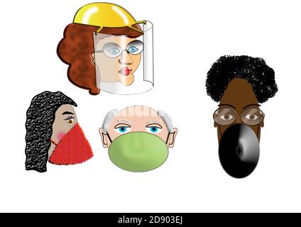 Covid 19 vision mask cartoon character heads misto razza maschio e femmina indossare rivestimenti protettivi viso tre persone mascherate e uno con uno schermo. Foto Stock