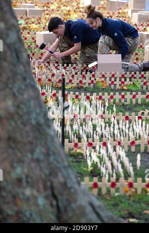 Londra, Regno Unito. 2 Nov 2020. Preparativi per il servizio della Giornata della memoria presso l'Abbazia di Westminster. Centinaia di croci con papaveri sono posati nel terreno. Preparazione del giorno della memoria. Abbazia di Westminster. Credit: Mark Thomas/Alamy Live News Foto Stock