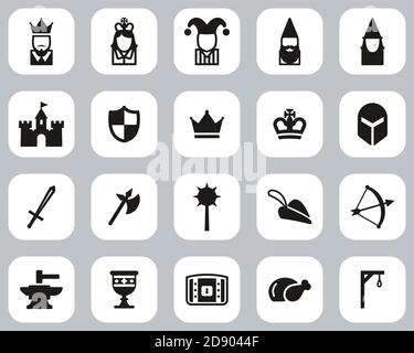 Medieval Time & Culture Icons Black & White Flat Design Imposta grande Illustrazione Vettoriale