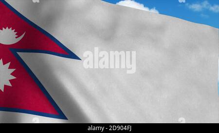 Bandiera del Nepal su un flagpole che sventola nel vento, sfondo blu del cielo. rendering 3d Foto Stock