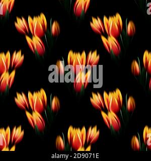 Tulipani rossi gialli sfocati motivo senza cuciture. Può essere utilizzato come tessuto, carta da parati, involucro. Foto Stock