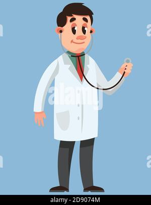 Medico che tiene stetoscopio. Carattere maschile in stile cartoon. Illustrazione Vettoriale