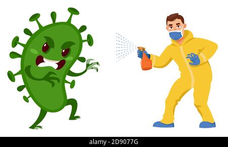 Uomo che combatte il virus. Carattere maschile in tuta protettiva spray antisettico. Concetto di assistenza sanitaria. Illustrazione Vettoriale