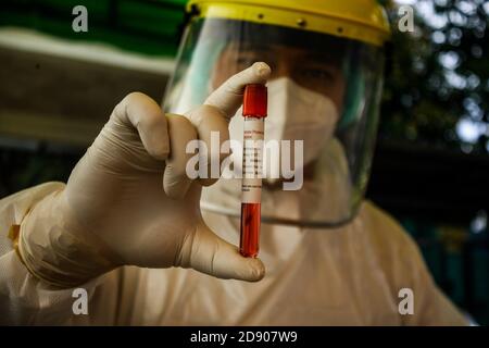 Medan, Indonesia. 2 Nov 2020. Un operatore sanitario detiene un campione di tampone prelevato da un partecipante al test COVID-19 a Medan, North Sumatra, Indonesia, 2 novembre 2020. Credit: Notizie dal vivo di Byma/Xinhua/Alamy Foto Stock