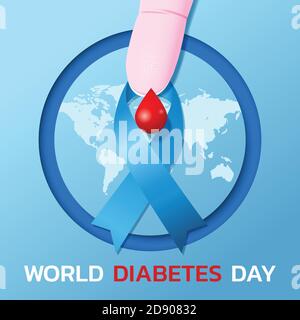 Logo o banner della giornata mondiale del diabete con nastro blu e. goccia di sangue sul dito Illustrazione Vettoriale