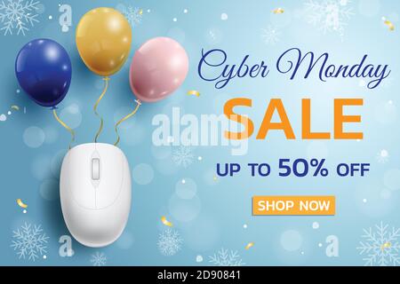 Poster promozionale Cyber Monday sale con sfondo mouse e palloncini per il commercio, il business e la pubblicità. Illustrazione vettoriale Illustrazione Vettoriale
