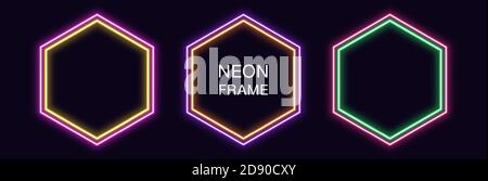 Telaio esagonale al neon. Set di bordi esagonali al neon con profilo doppio. Forma geometrica con spazio di copia, elemento futuristico incandescente per i social media Illustrazione Vettoriale