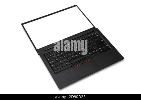 Computer portatile convertibile con schermo vuoto isolato su sfondo bianco Foto Stock