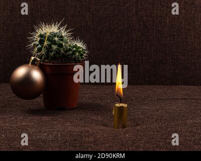 Albero di Natale creativo, cactus con la decorazione della sfera d'oro e candela lucida, concetto di fondo della carta regalo su sfondo marrone Foto Stock