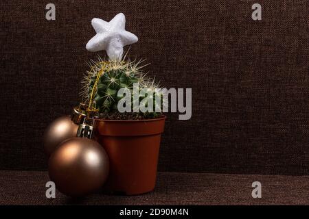 Albero di Natale creativo, cactus con la decorazione della sfera d'oro e stella lucida, concetto di fondo della carta regalo su sfondo marrone Foto Stock