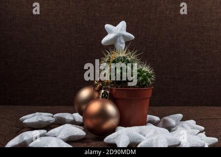 Albero di Natale creativo, cactus con decorazione a sfera d'oro e stelle lucenti, concetto di fondo carta regalo su sfondo marrone Foto Stock