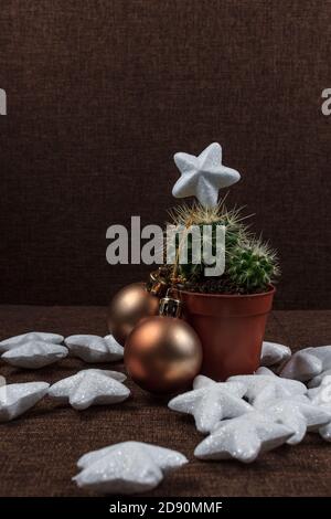 Albero di Natale creativo, cactus con decorazione a sfera d'oro e stelle lucenti, concetto di fondo carta regalo su sfondo marrone Foto Stock