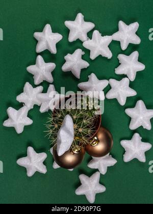 Albero di Natale creativo, cactus con sfera d'oro e decorazione e stelle lucenti intorno, concetto di fondo carta regalo su sfondo verde, vista dall'alto Foto Stock