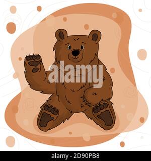 Mano disegnata carino orso felice grizzly sta ondeggiando la mano e. si siede su sfondo marrone rosa Illustrazione Vettoriale