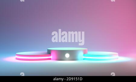 Rendering 3D di tre eleganti podi con luci al neon su sfondo colorato per la scena di presentazione del prodotto. Piattaforma di visualizzazione Foto Stock
