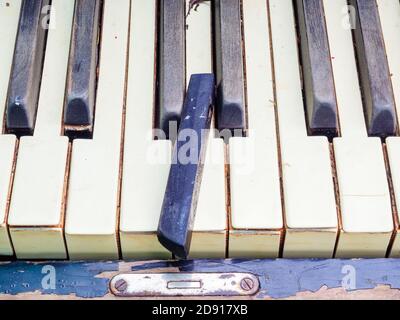 Chiavi rotte e traballanti di un vecchio pianoforte. Foto di primo piano a schermo intero Foto Stock