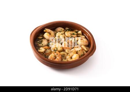Gamberi all'aglio in vaso isolato su sfondo bianco Foto Stock
