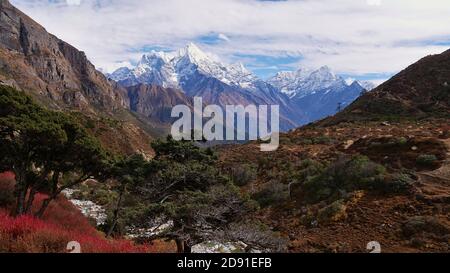 Splendido panorama montano nell'Himalaya, tra cui il maestoso Thamserku (picco: 6,623 m) con cespugli di colore rosso e alberi di conifere in primo piano. Foto Stock