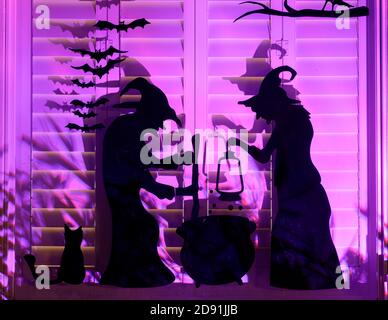 Cucina Witches Halloween decorazioni luce-up finestre persiane Foto Stock