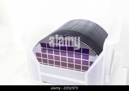 Wafer di silicio in scatola di supporto di plastica bianca su un tavolo- UN wafer è una sottile fetta di materiale semiconduttore, quale un silicio cristallino, utilizzata in Foto Stock