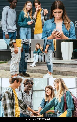 Collage di ragazza triste che tiene smartphone vicino adolescenti e amici tenere le mani all'aperto Foto Stock