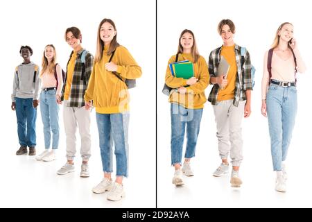 Collage di ragazzi multietnici sorridenti che tengono mani e taccuini sfondo bianco Foto Stock