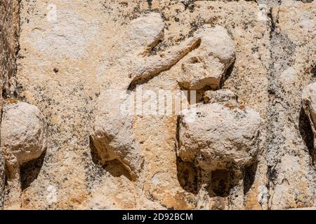 Fregio scultoreo con calendario agricolo, Cappella di San Galindo, Chiesa Parrocchiale di San Bartolomé, Campisábalos, Guadalajara, Spagna Foto Stock