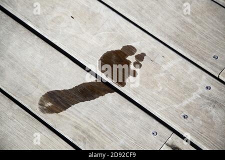 Stampe umide sul pavimento in legno, escursioni e sport, relax Foto Stock