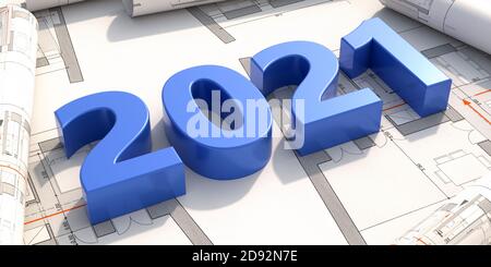 Nuovo anno 2021 numero blu sul progetto di costruzione. Architetto ingegnere ufficio. illustrazione 3d Foto Stock