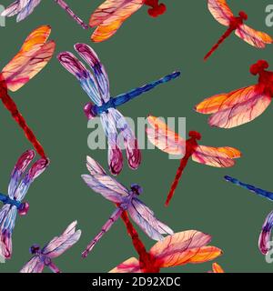 Illustrazione di acquerello i dragonflies differenti di colore in motivo senza giunture su sfondo grigio. Design per tessuti, carta da parati, sfondi e imballaggi. Foto Stock