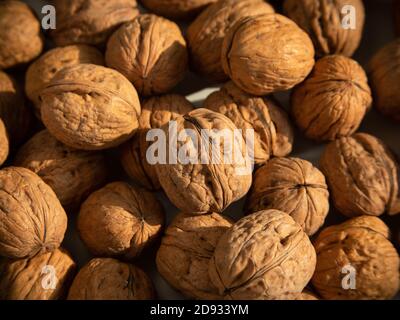 Noce di fondo, mucchio sparso di noci. Foto Stock