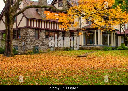 Una grande casa di Cobble e legno con un prato anteriore Coperto di foglie gialle brillanti dell'autunno Foto Stock